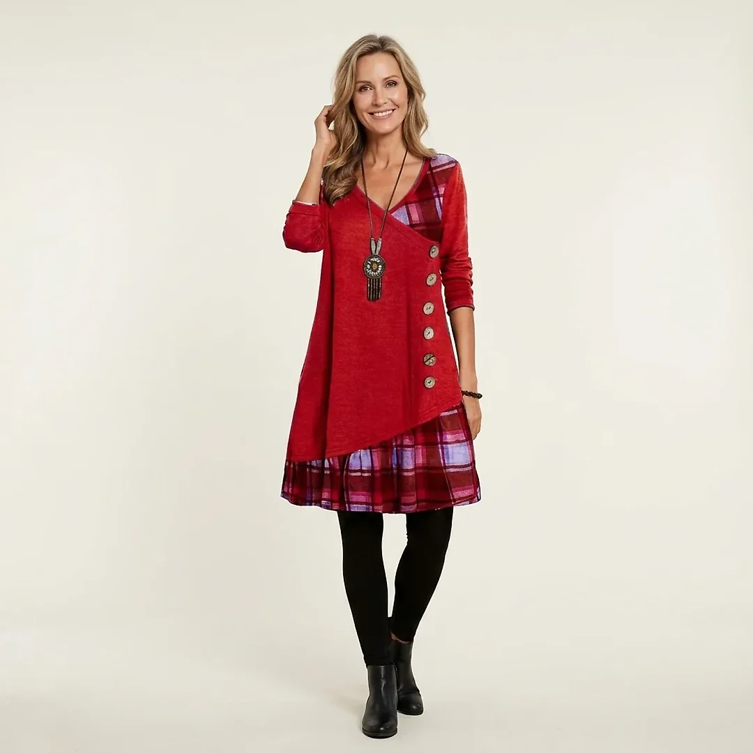 V-Neck Knit A-Line Dress in Red