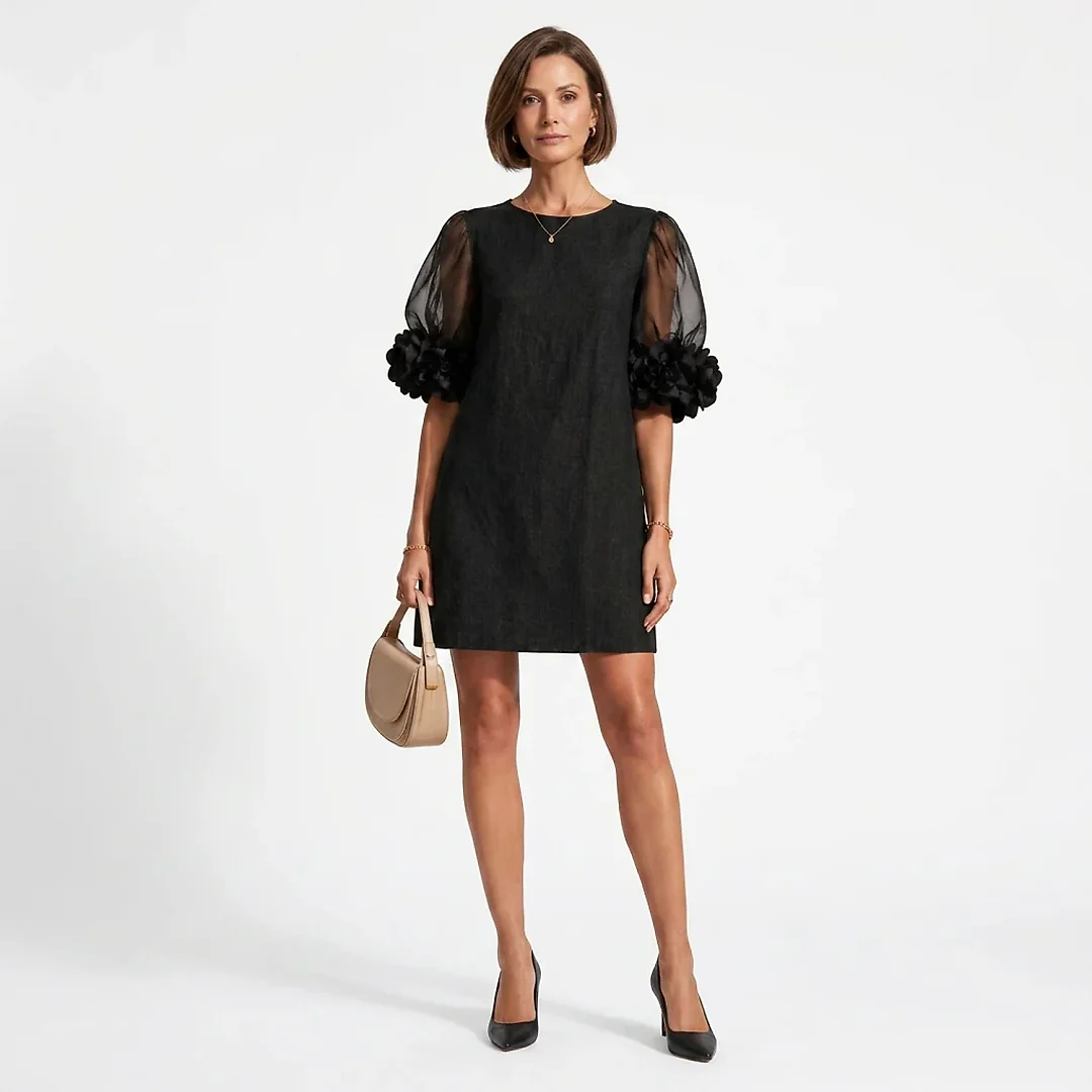 Organza Sleeve Shift Mini Dress in Black