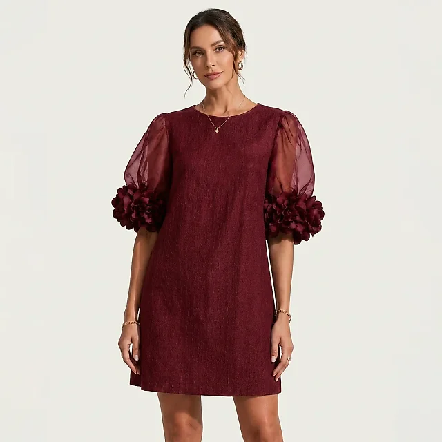 Organza Sleeve Shift Mini Dress in Black
