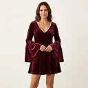 Velvet Bell Sleeve Mini Dress in Wine Red