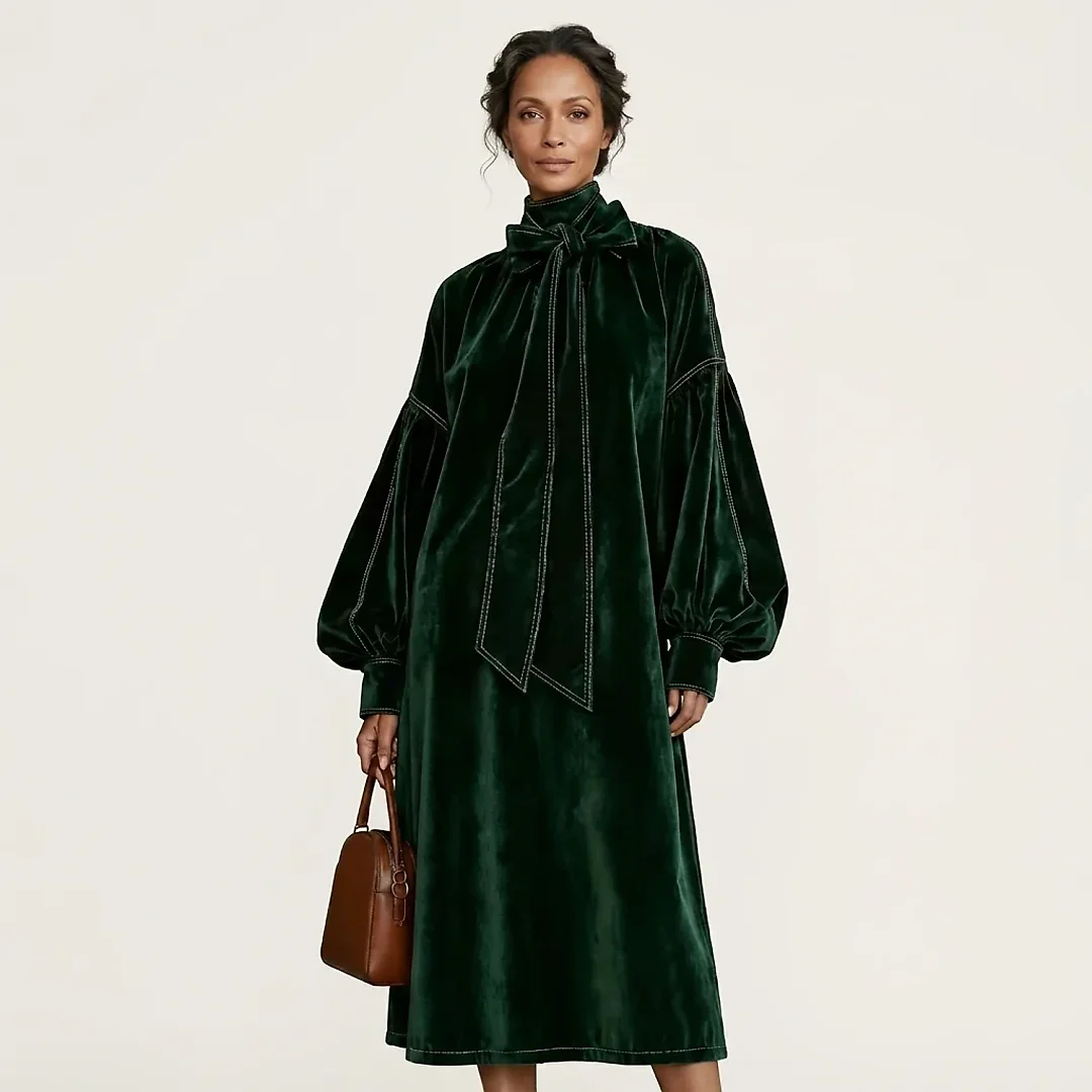 Velvet Bow Neck Midi Dress in Green