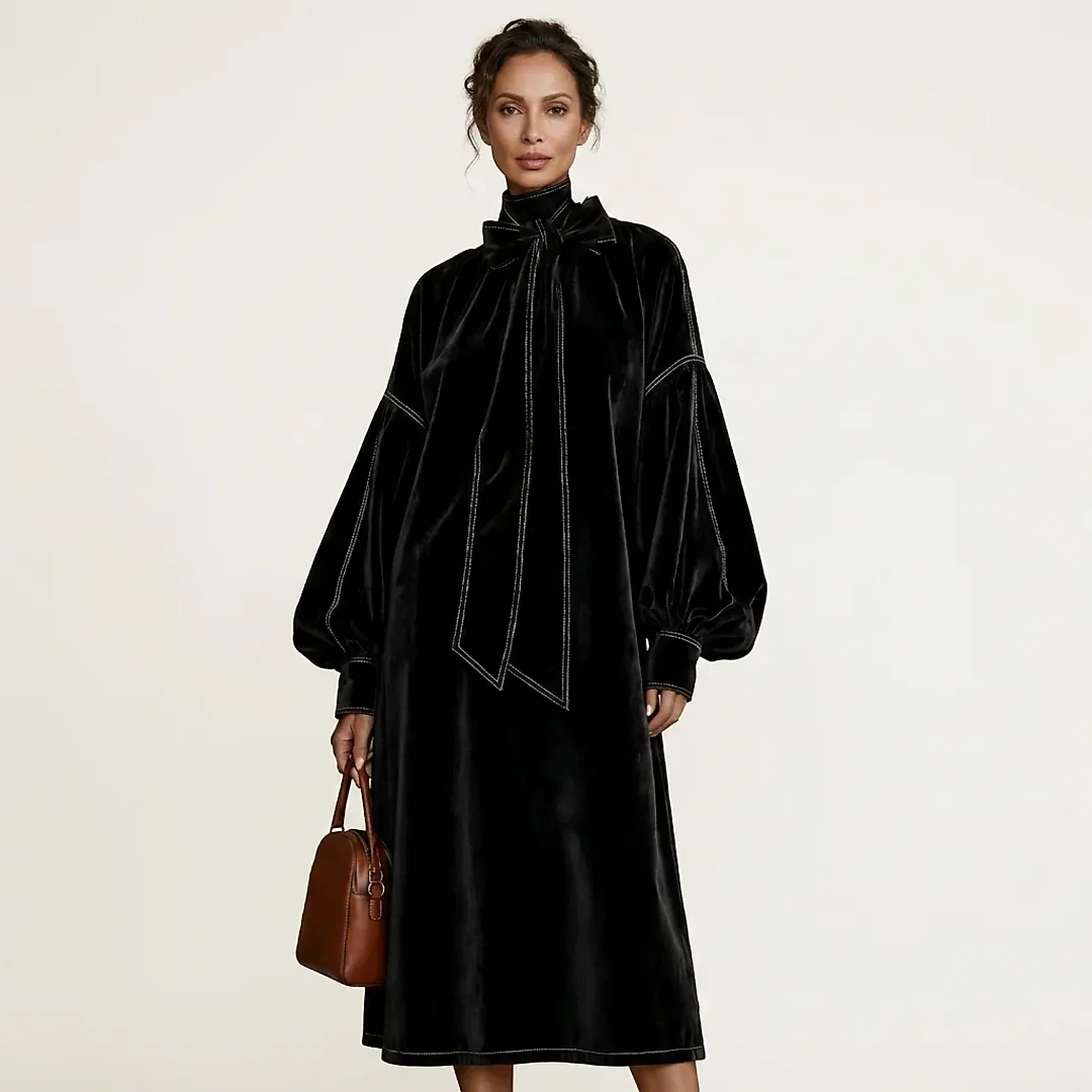 Velvet Bow Neck Midi Dress in Black