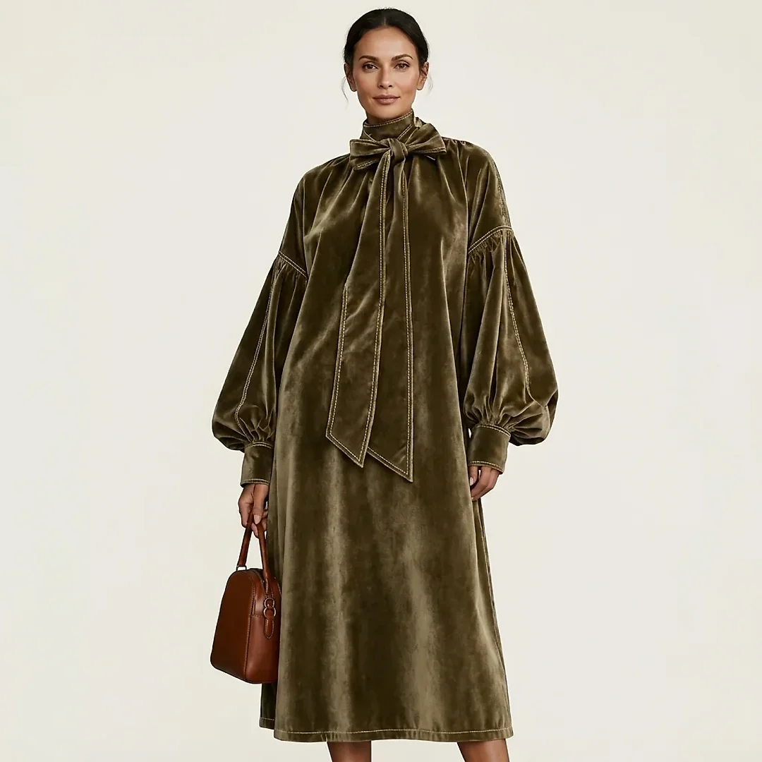 Velvet Bow Neck Midi Dress in Olive