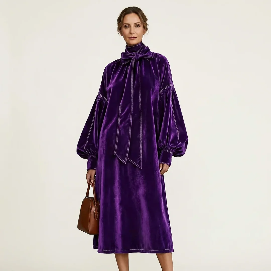 Velvet Bow Neck Midi Dress in Purple