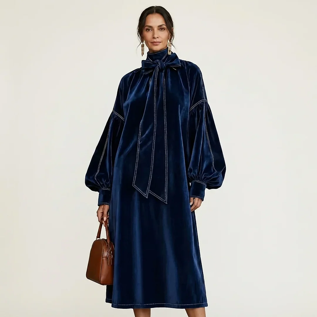 Velvet Bow Neck Midi Dress in Navy Blue