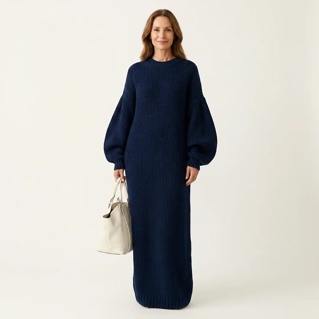Oversized Rib Knit Sweater Dress in Navy Blue