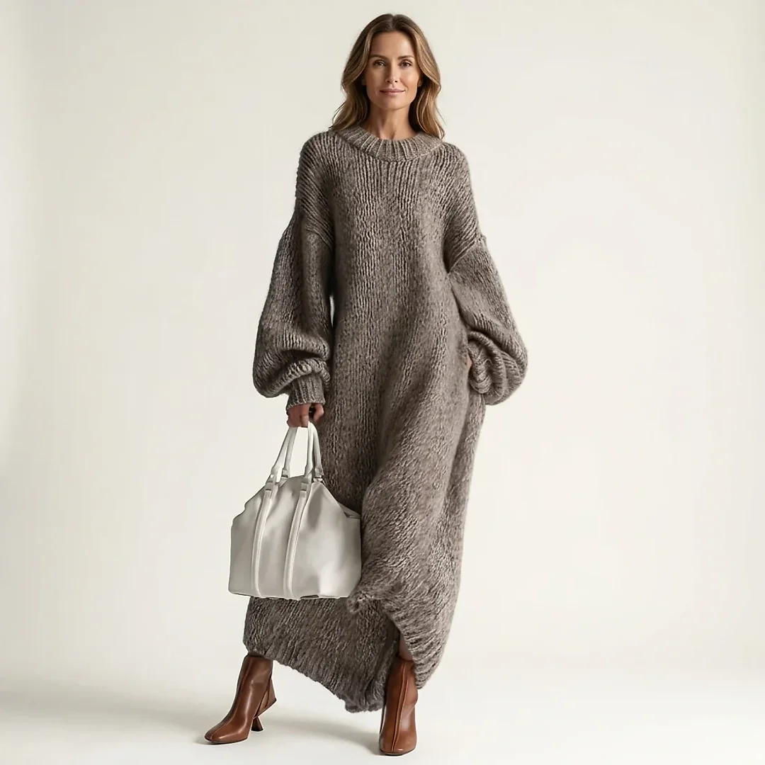 Oversized Rib Knit Sweater Dress in Gray
