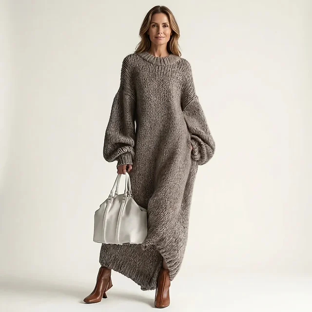 Oversized Rib Knit Sweater Dress in Gray