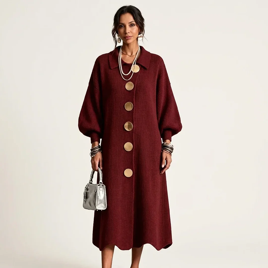 Collared Knit Midi Dress in Burgundy