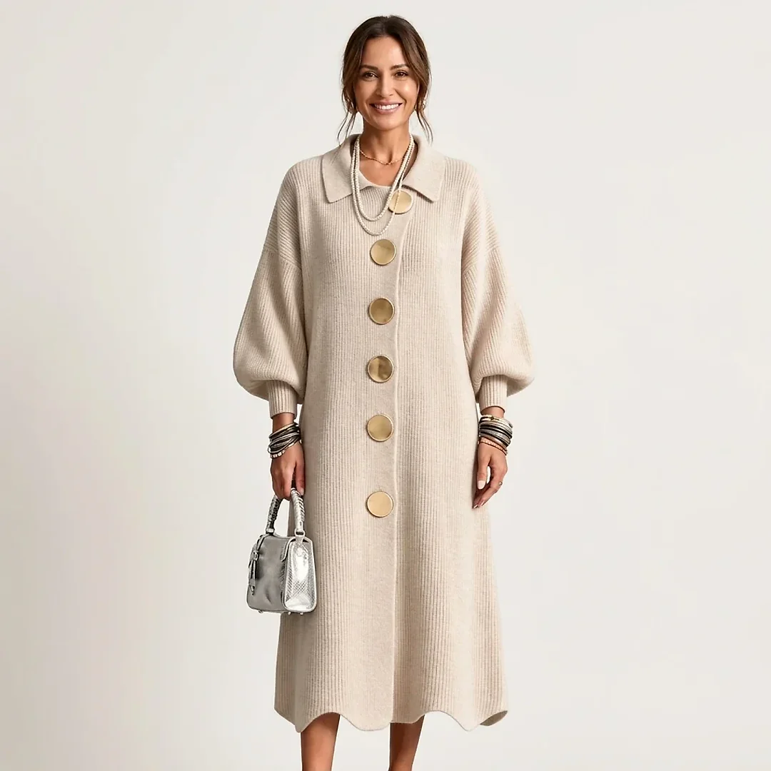 Collared Knit Midi Dress in Cream