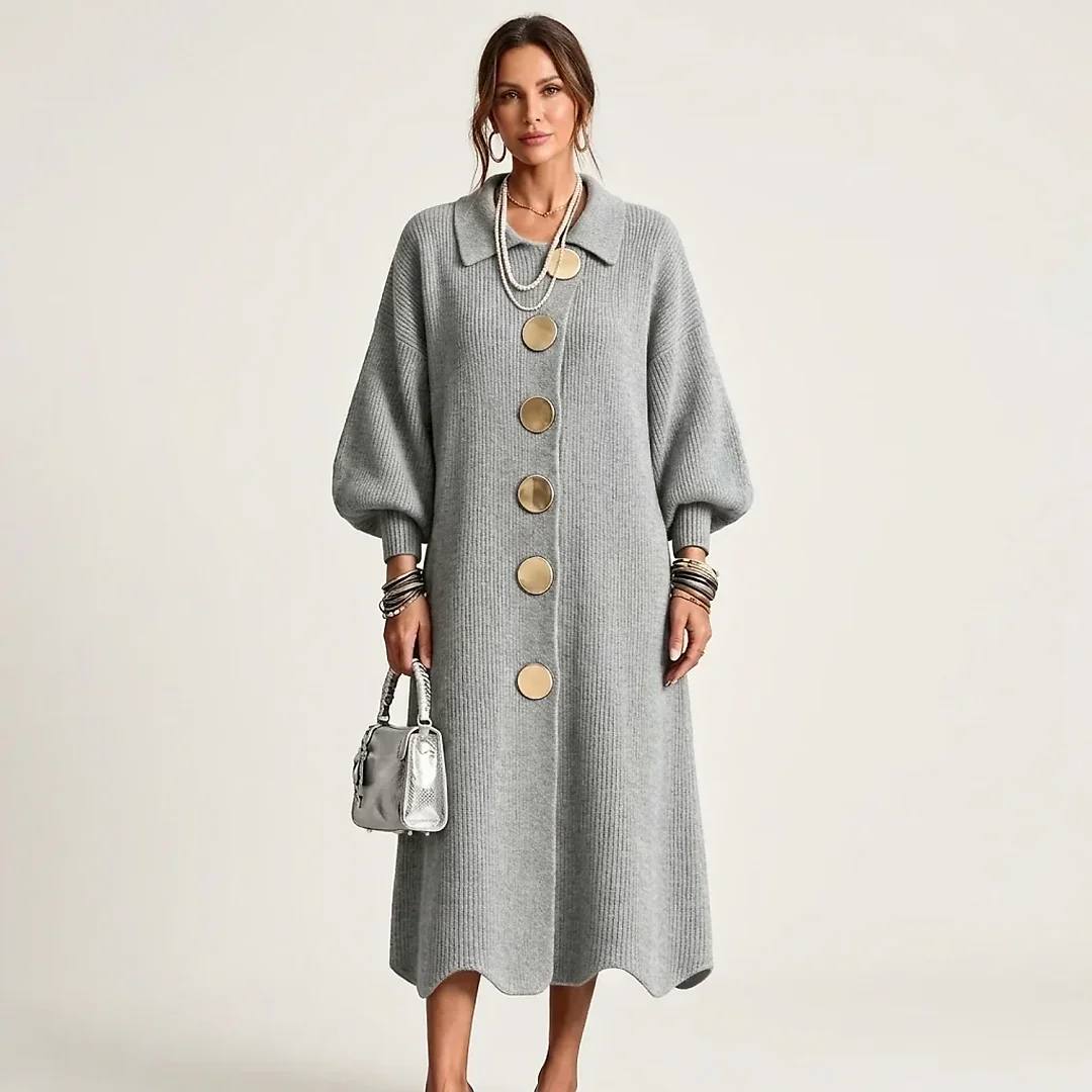 Collared Knit Midi Dress in Gray