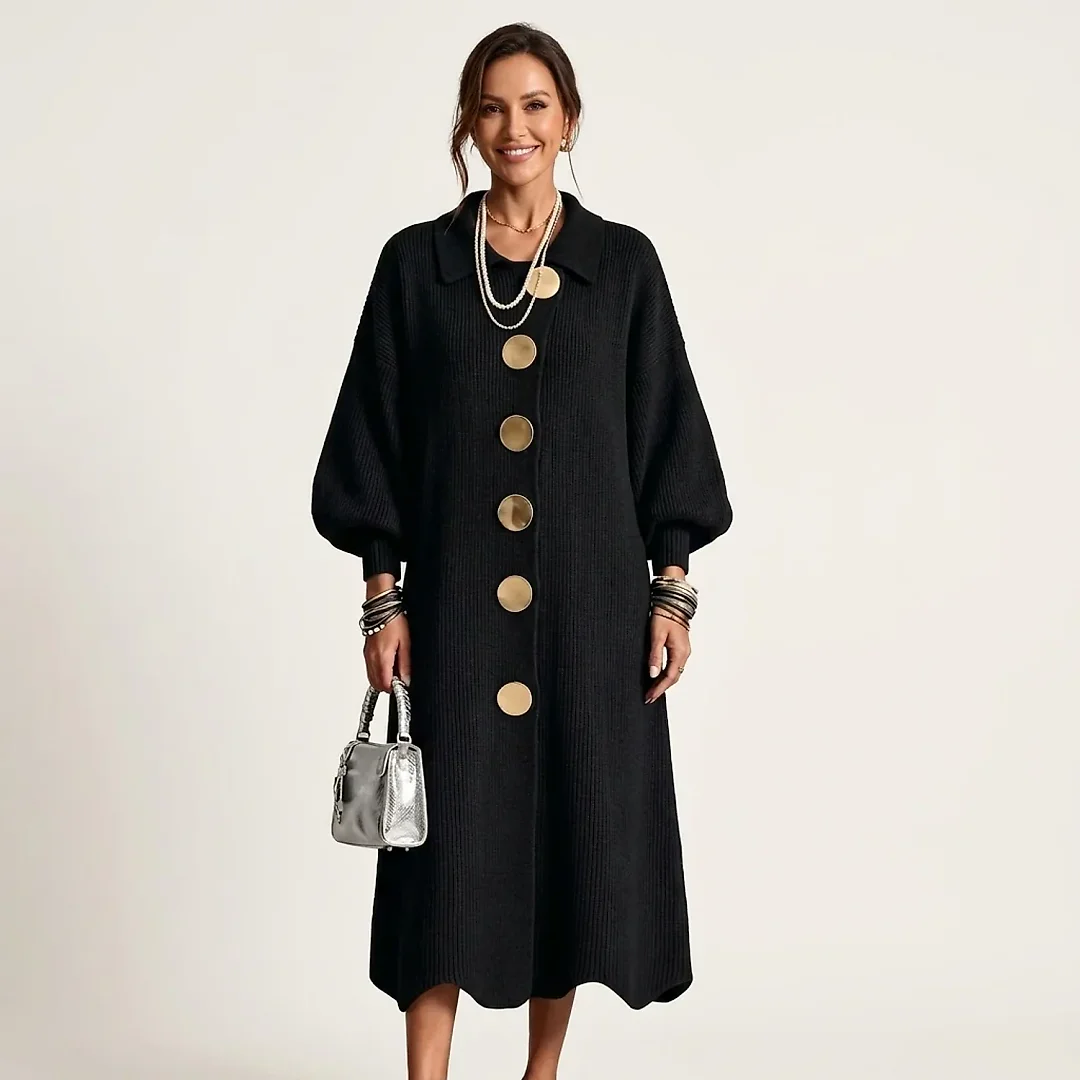 Collared Knit Midi Dress in Black