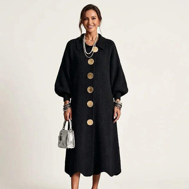 Collared Knit Midi Dress in Black