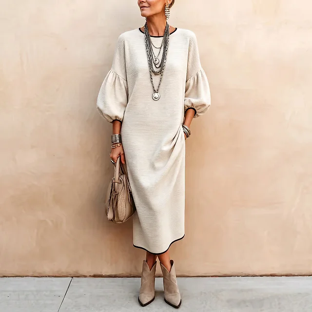 Balloon Sleeve Rib Knit Midi Dress in Cream