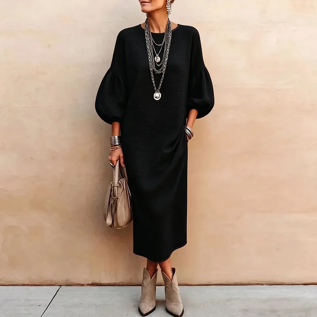 Balloon Sleeve Rib Knit Midi Dress in Black