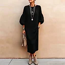 Balloon Sleeve Rib Knit Midi Dress in Black