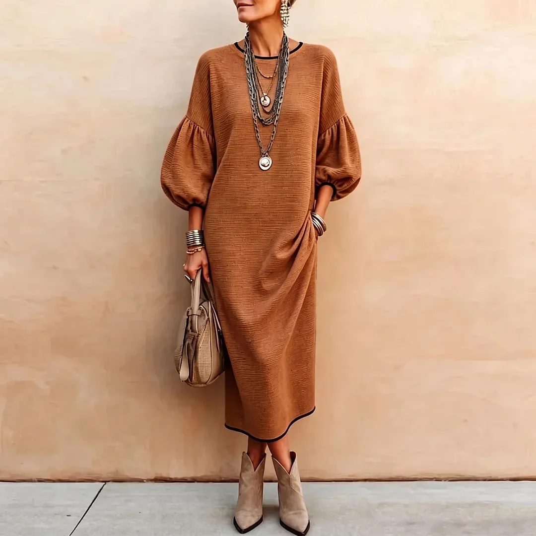 Balloon Sleeve Rib Knit Midi Dress in Camel