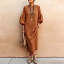 Balloon Sleeve Rib Knit Midi Dress in Camel