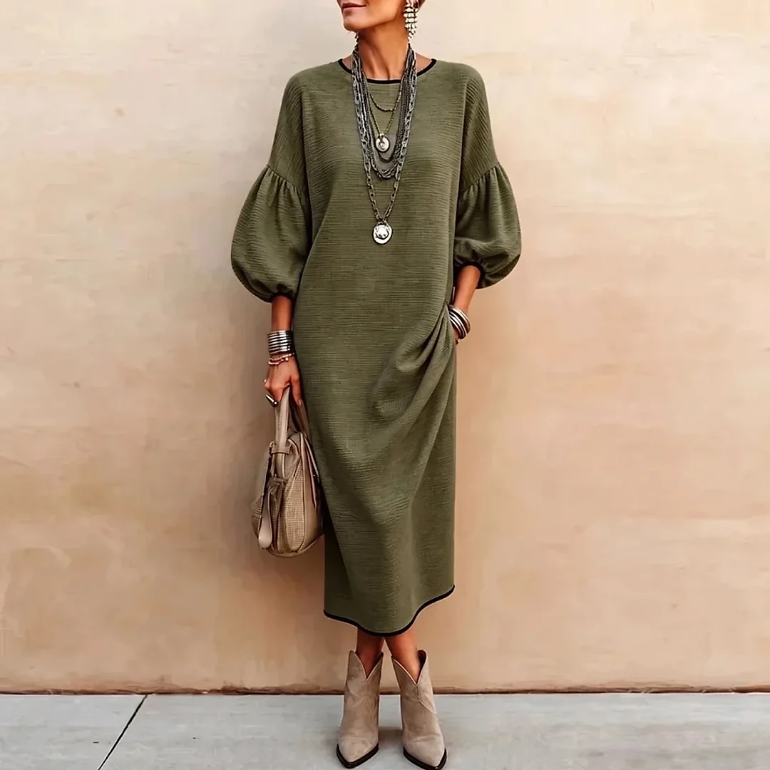 Balloon Sleeve Rib Knit Midi Dress in Olive Green