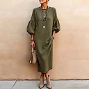 Balloon Sleeve Rib Knit Midi Dress in Olive Green