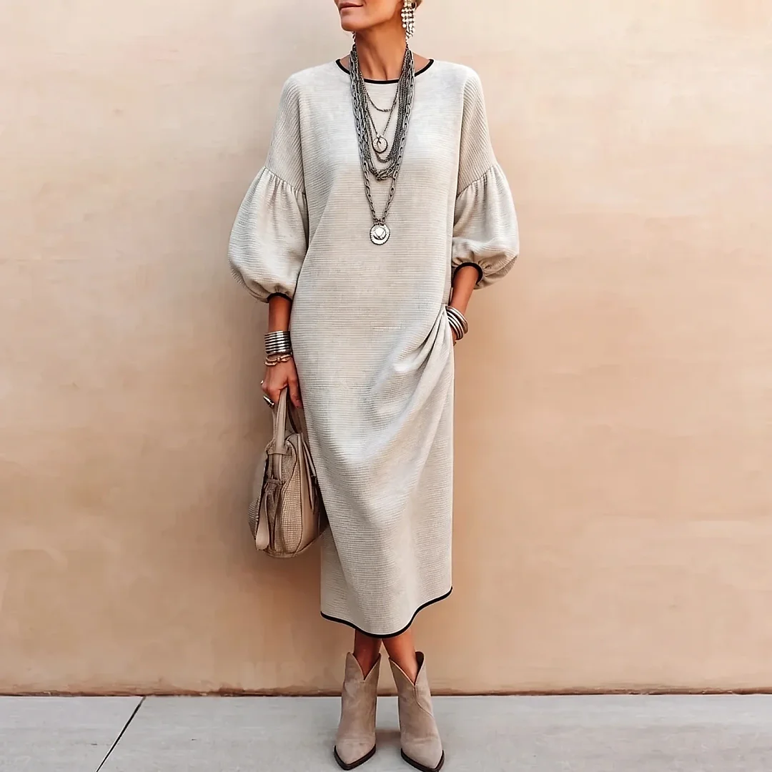Balloon Sleeve Rib Knit Midi Dress in Light Gray
