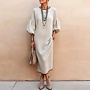 Balloon Sleeve Rib Knit Midi Dress in Light Gray