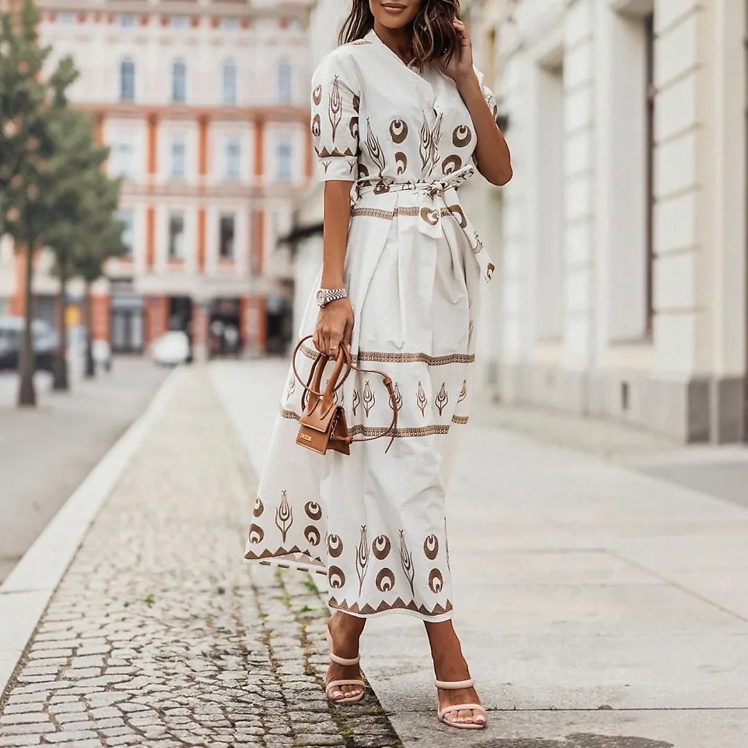 Boho Print A-Line Midi Dress in White