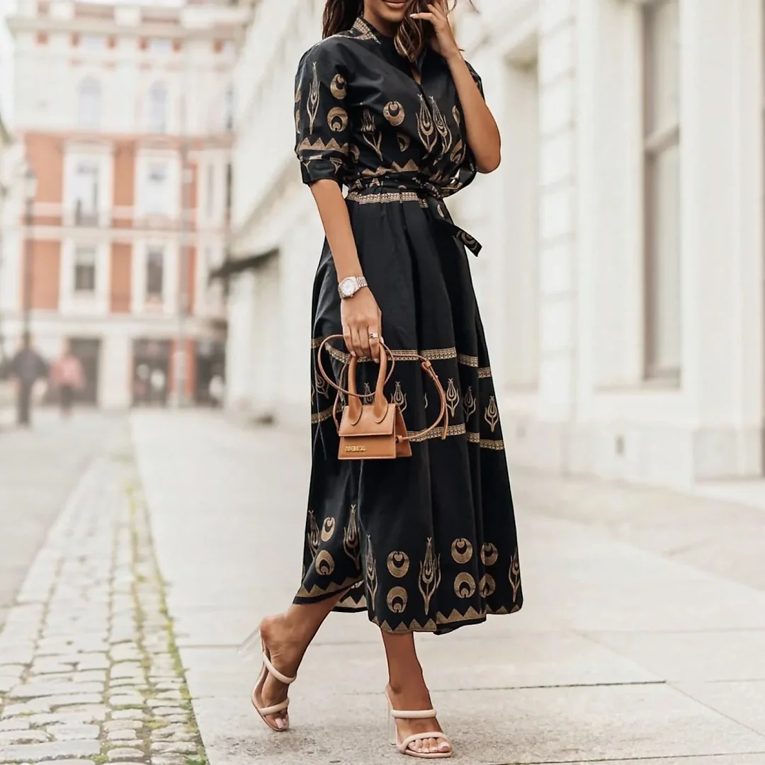 Boho Print A-Line Midi Dress in Black