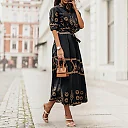 Boho Print A-Line Midi Dress in Black