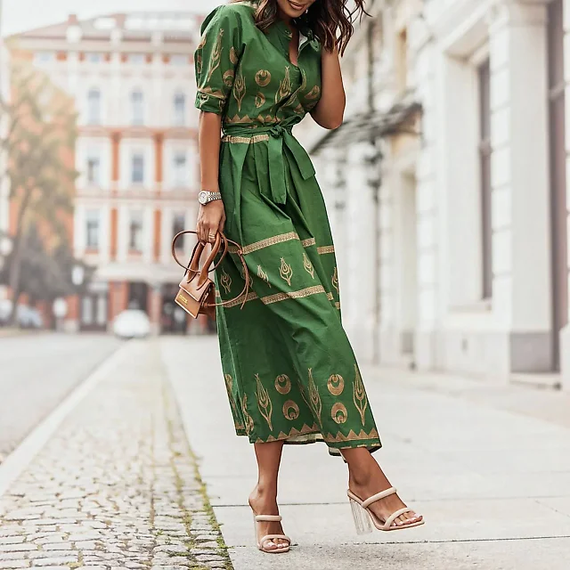 Boho Print A-Line Midi Dress in Black