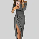 Shimmer Off-Shoulder Midi Dress in Gray