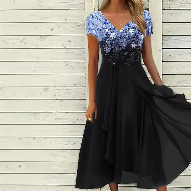 Layered Chiffon Midi Dress in Blue/Black
