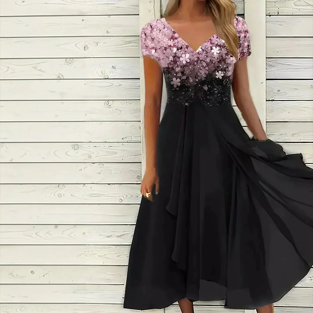 Layered Chiffon Midi Dress in Pink/Black
