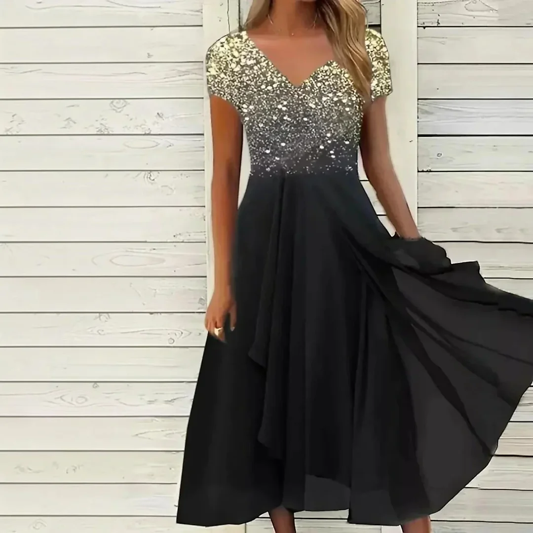 Layered Chiffon Midi Dress in Gold/Black