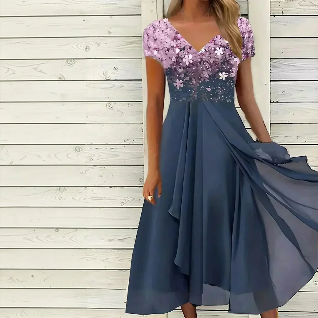 Layered Chiffon Midi Dress in Pink/Blue