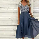 Layered Chiffon Midi Dress in Silver/Blue