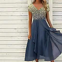 Layered Chiffon Midi Dress in Gold/Blue