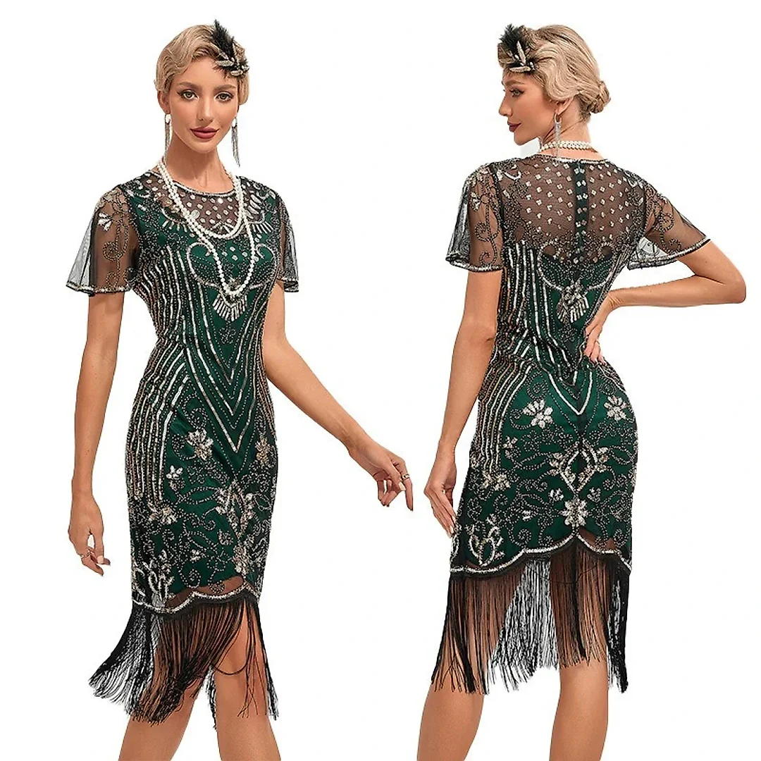1920s Sequin Fringe Flapper Dress in Green