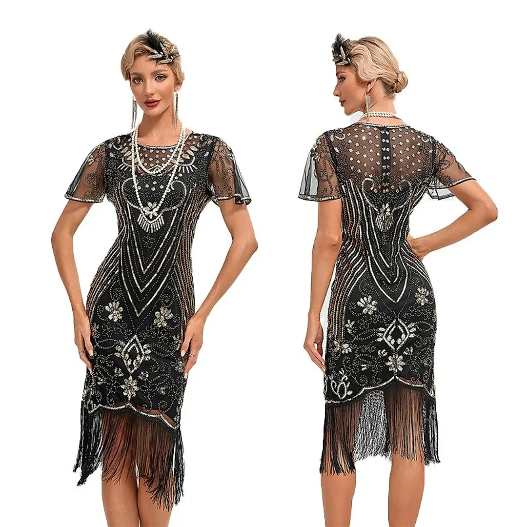 1920s Sequin Fringe Flapper Dress in Black/Gold