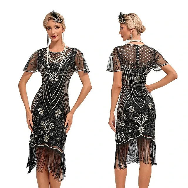 1920s Sequin Fringe Flapper Dress in Black