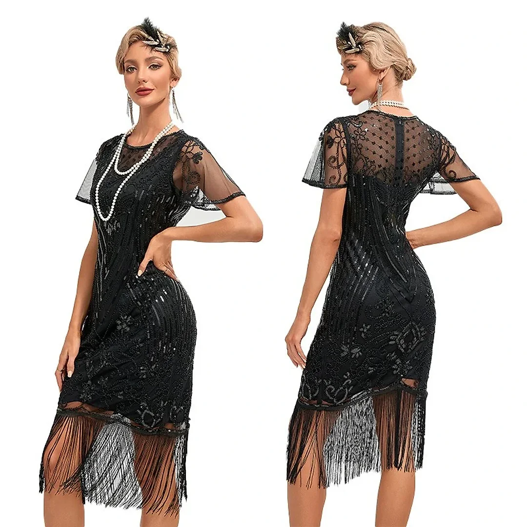 1920s Sequin Fringe Flapper Dress in Black