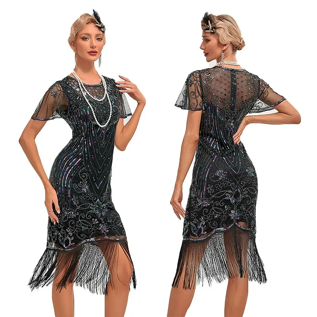 1920s Sequin Fringe Flapper Dress in Black/Silver