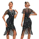 1920s Sequin Fringe Flapper Dress in Black/Silver