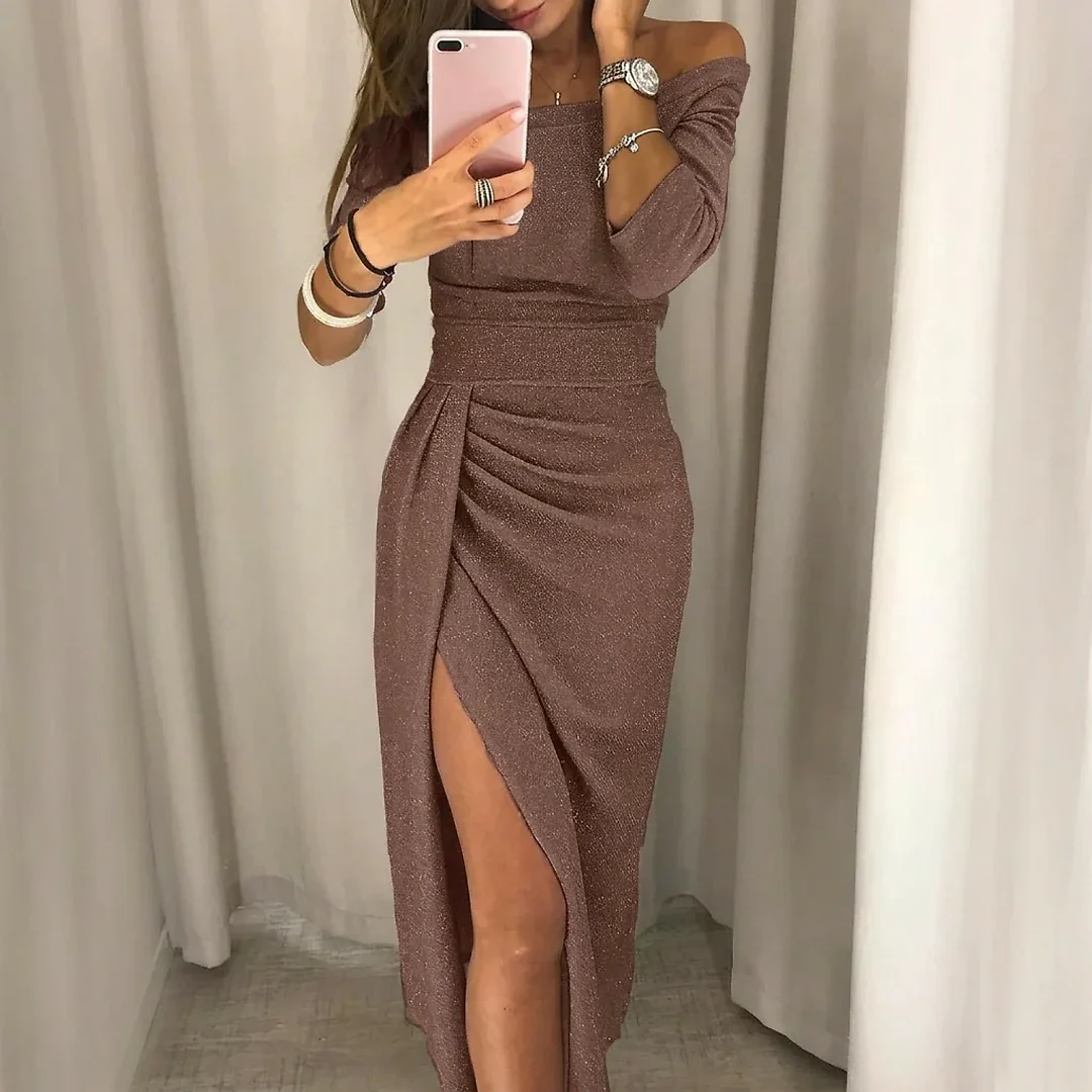 Shimmer Off-Shoulder Midi Dress in Brown