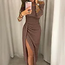 Shimmer Off-Shoulder Midi Dress in Brown