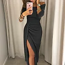 Shimmer Off-Shoulder Midi Dress in Black