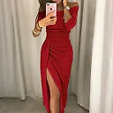 Shimmer Off-Shoulder Midi Dress in Red