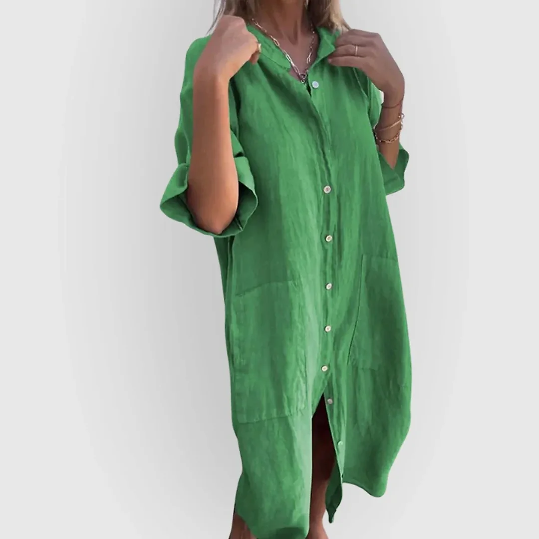 Band Collar Shirt Dress in Green