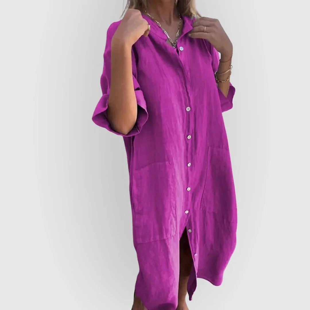 Band Collar Shirt Dress in Magenta