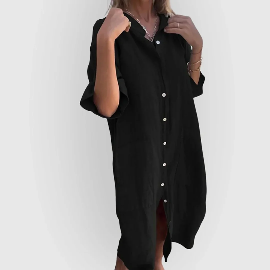 Band Collar Shirt Dress in Black